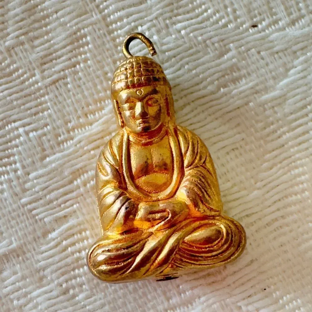 Vintage 1” Double Sided Seated Articulated Buddha Bead Pendant Gold Tone Set 2